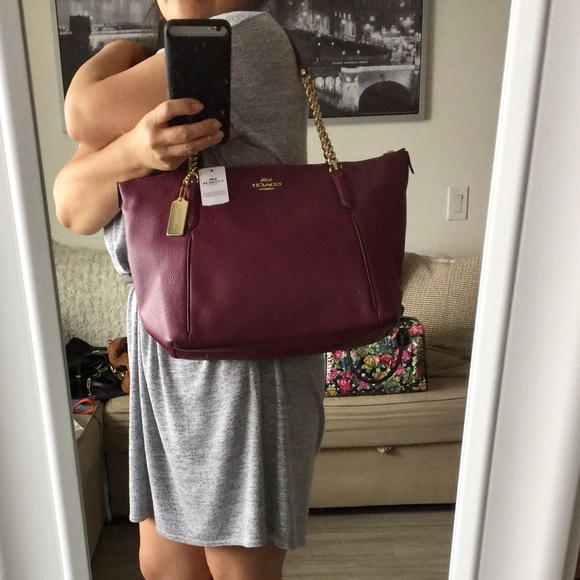 Coach Dark Berry Leather Shoulder Tote Bag - Picture 16 of 16
